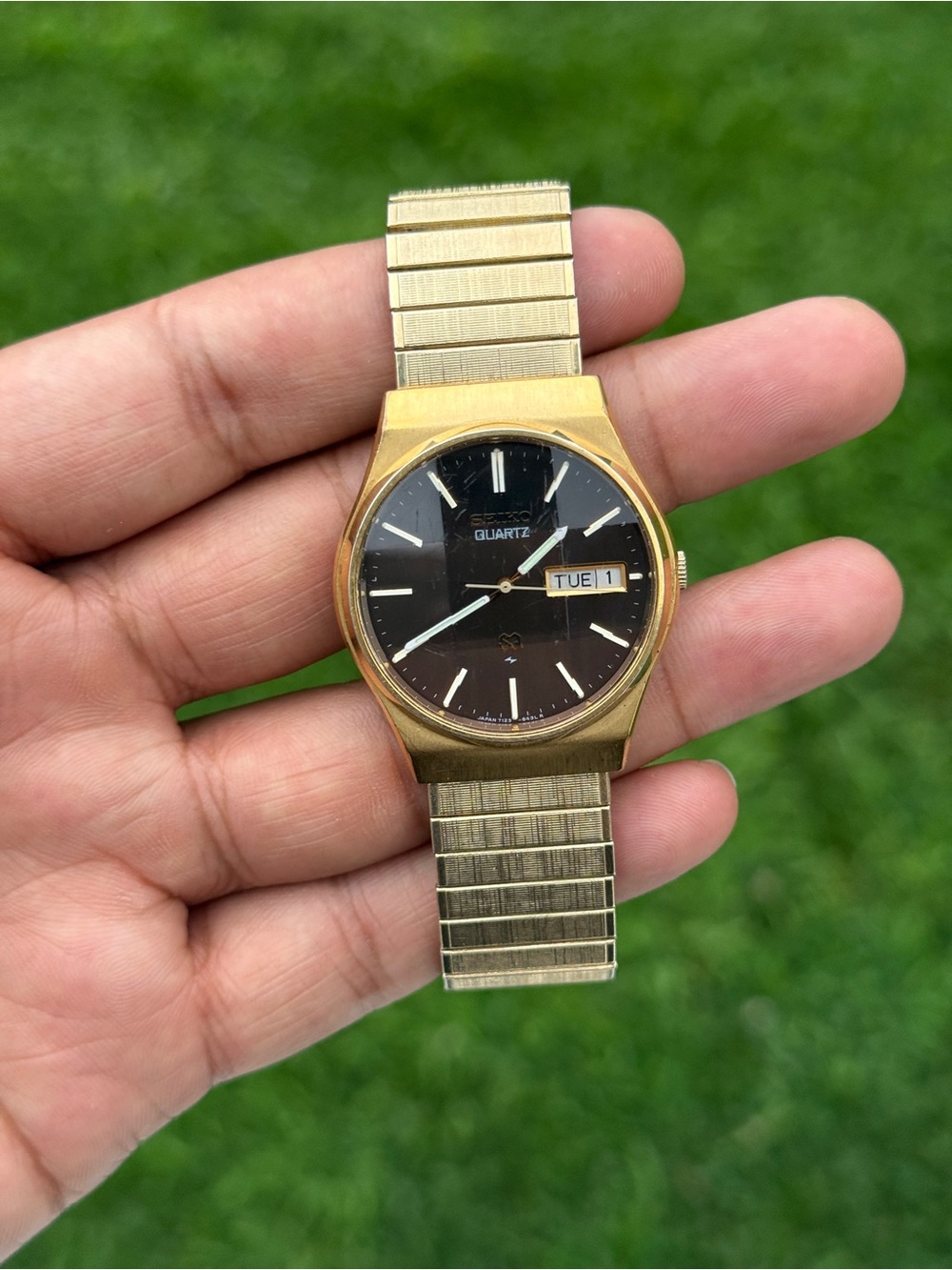 Seiko Vintage Quartz SQ Faceted Crystal date date chocolate dial gold watch men